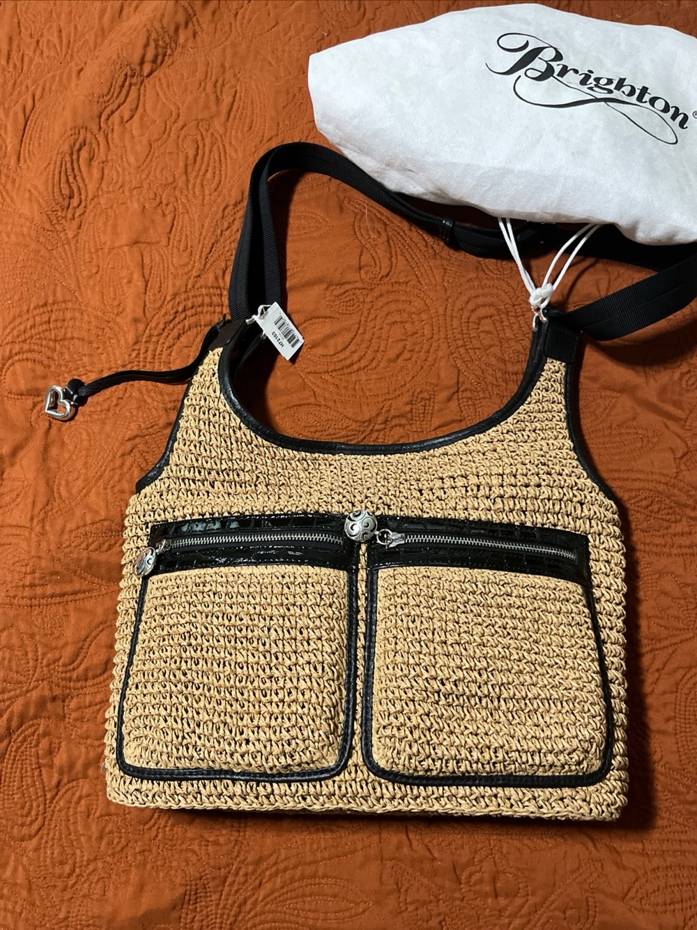 NEW BRIGHTON Large STRAW HOBO Adj Cossbody Black Trim